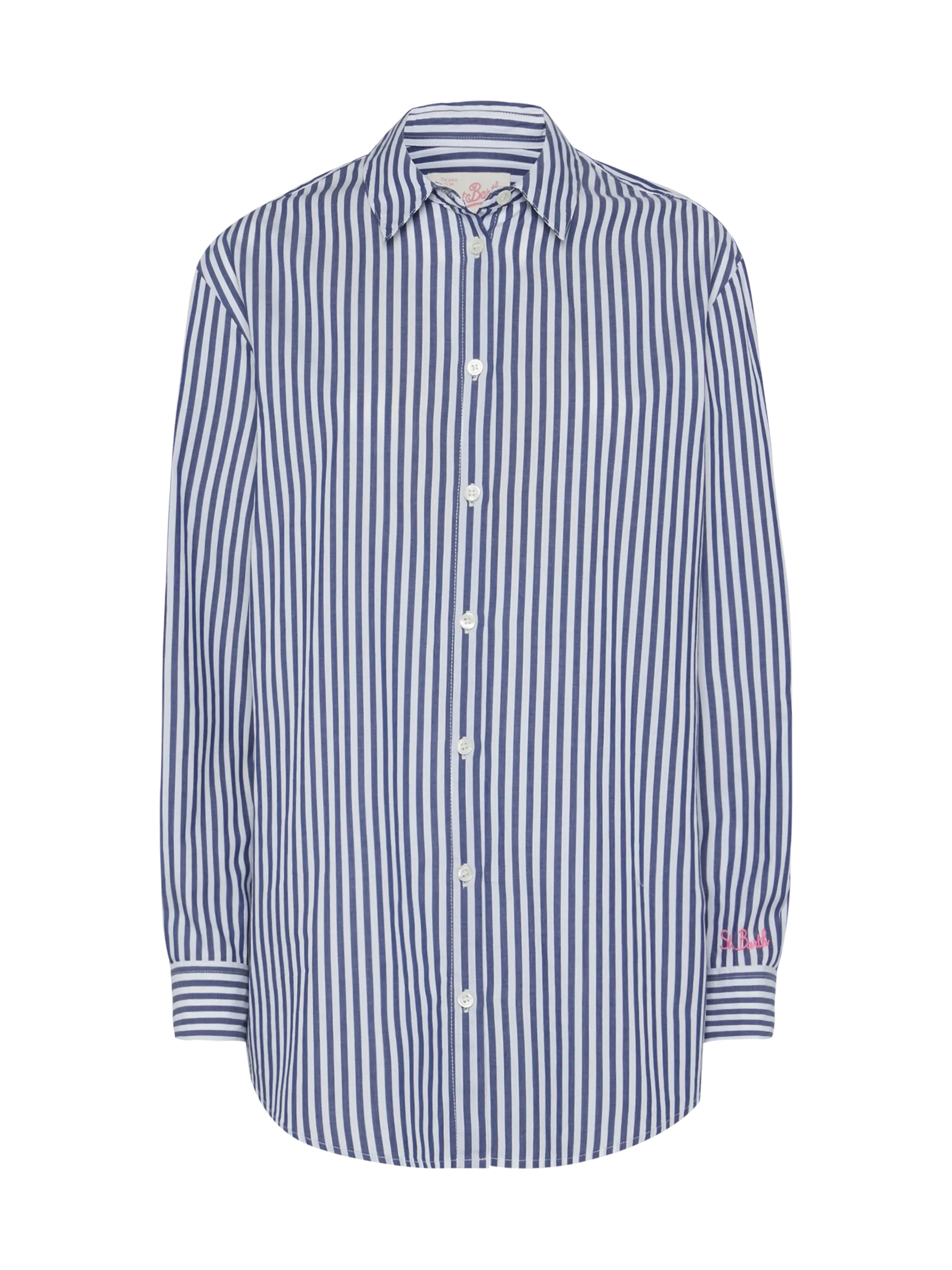 Brigitte striped-print cotton shirt with Saint Barth beach club embroidery