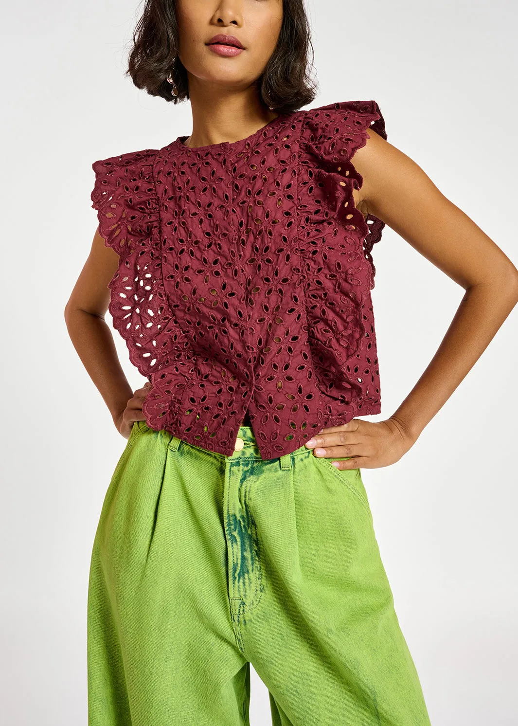 Burgundy broderie anglaise cotton top