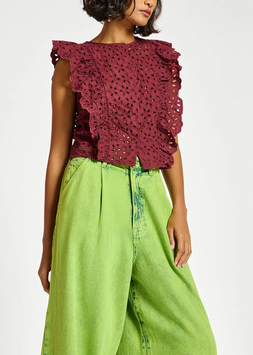 Burgundy broderie anglaise cotton top