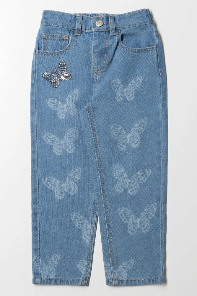 Butterfly Denim Mom Jeans Blue