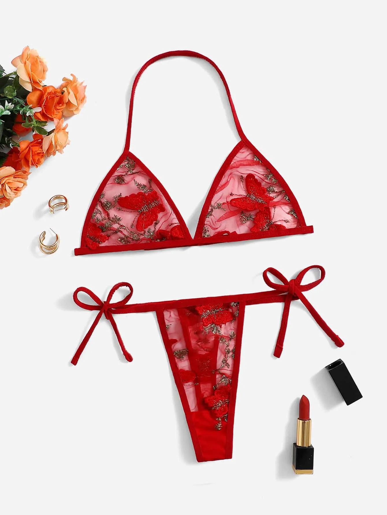 Butterfly Embroidery Mesh Lingerie Set