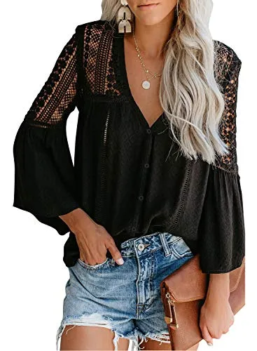 Canikat Women's Bell Sleeve Button Down Top