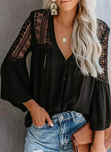 Canikat Women's Bell Sleeve Button Down Top