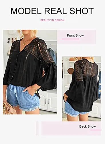 Canikat Women's Bell Sleeve Button Down Top