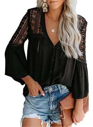 Canikat Women's Bell Sleeve Button Down Top