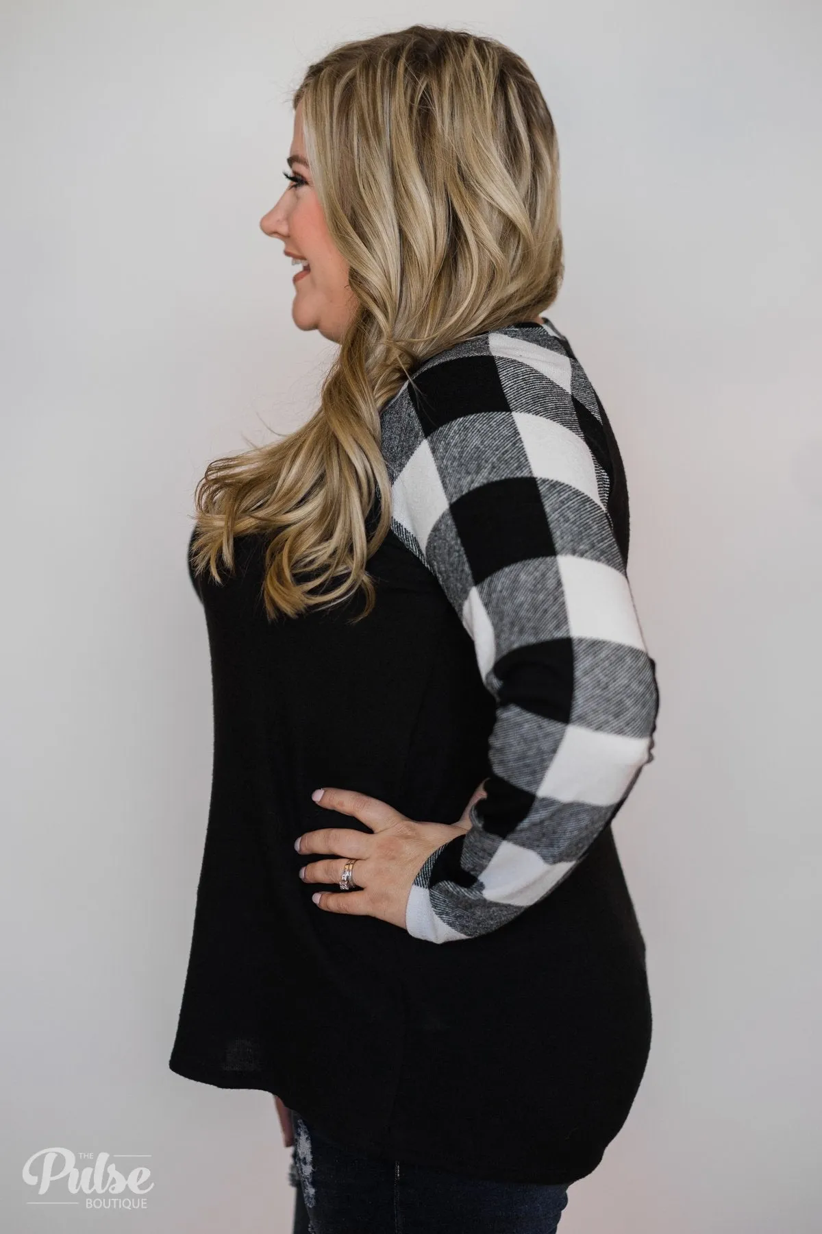 Checkered Sleeve Raglan Top- Black & White