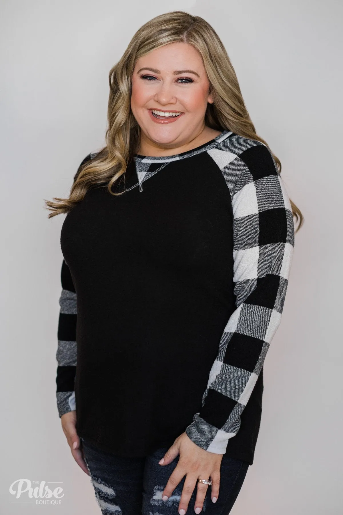 Checkered Sleeve Raglan Top- Black & White