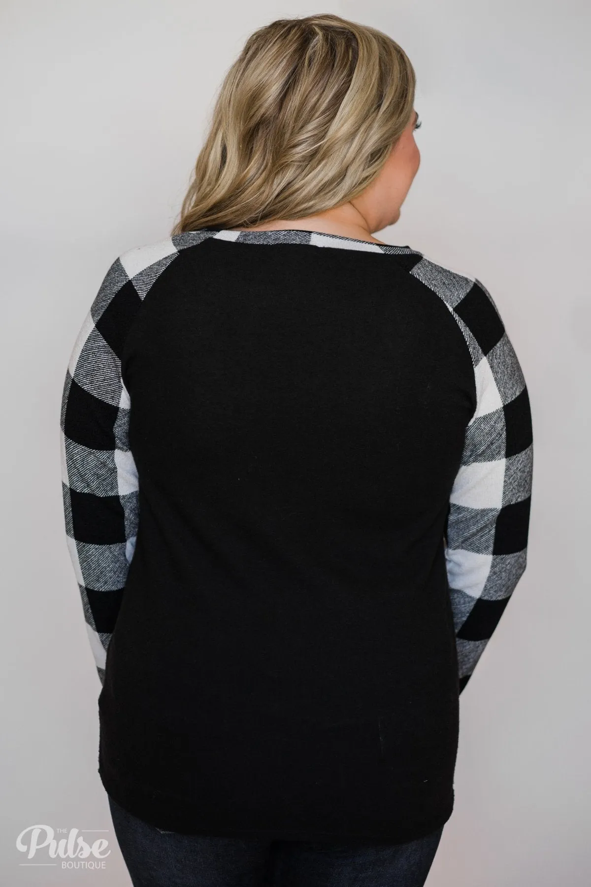 Checkered Sleeve Raglan Top- Black & White