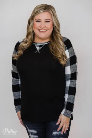 Checkered Sleeve Raglan Top- Black & White
