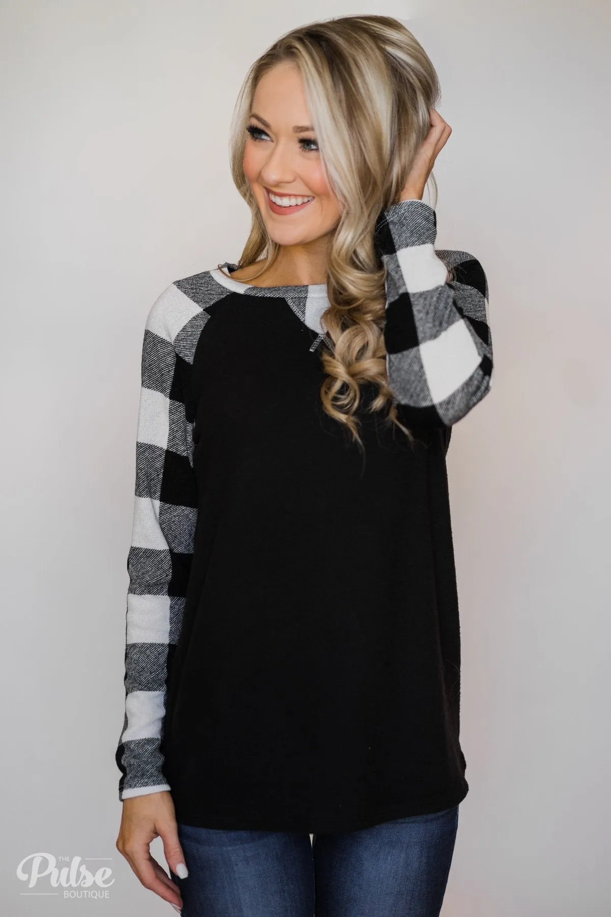 Checkered Sleeve Raglan Top- Black & White