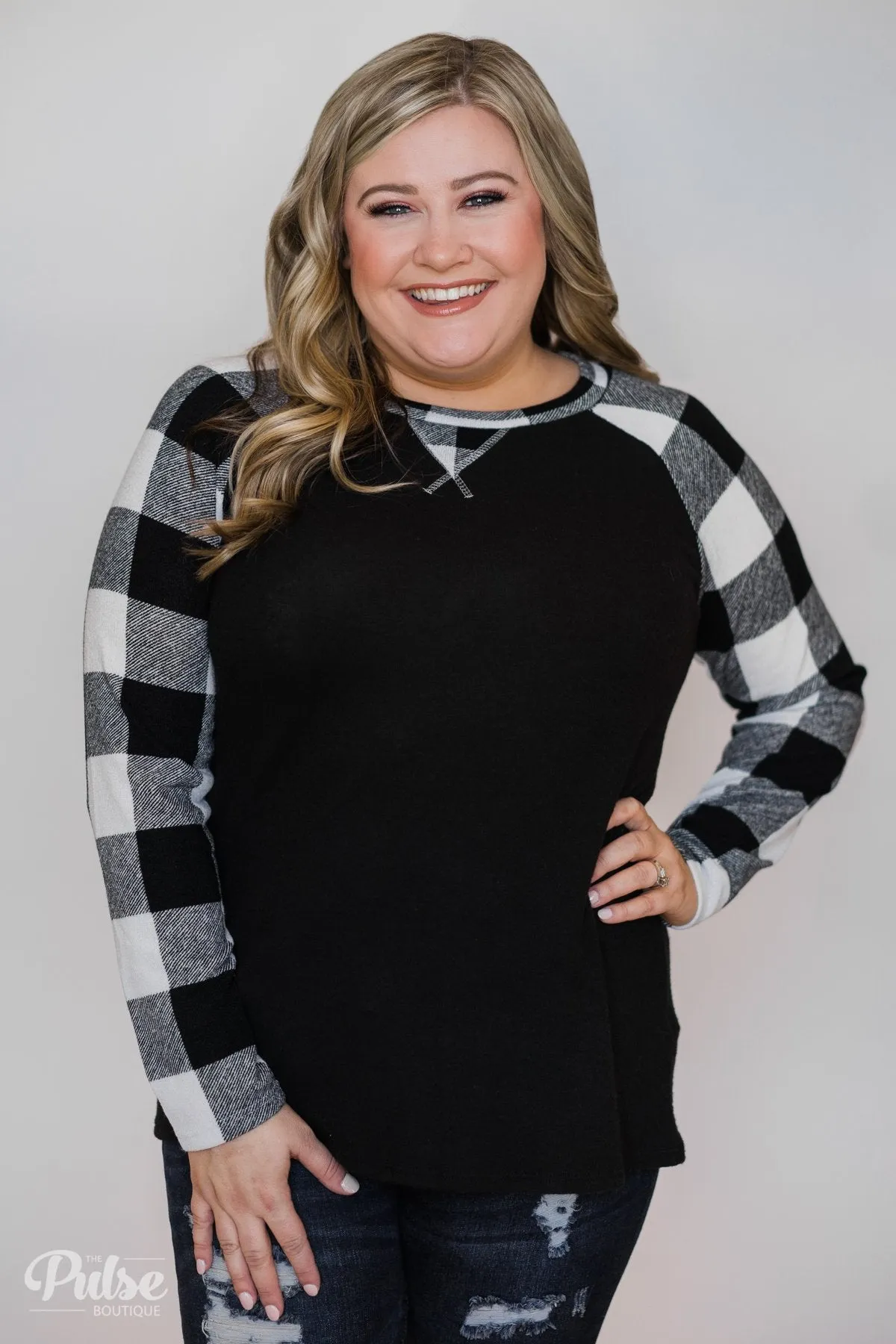 Checkered Sleeve Raglan Top- Black & White