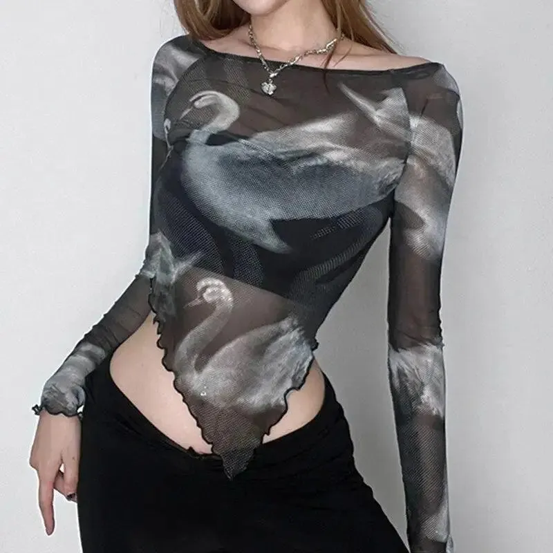 Chic Black Swan Graphic Asymmetrical Mesh Top for Modern Women