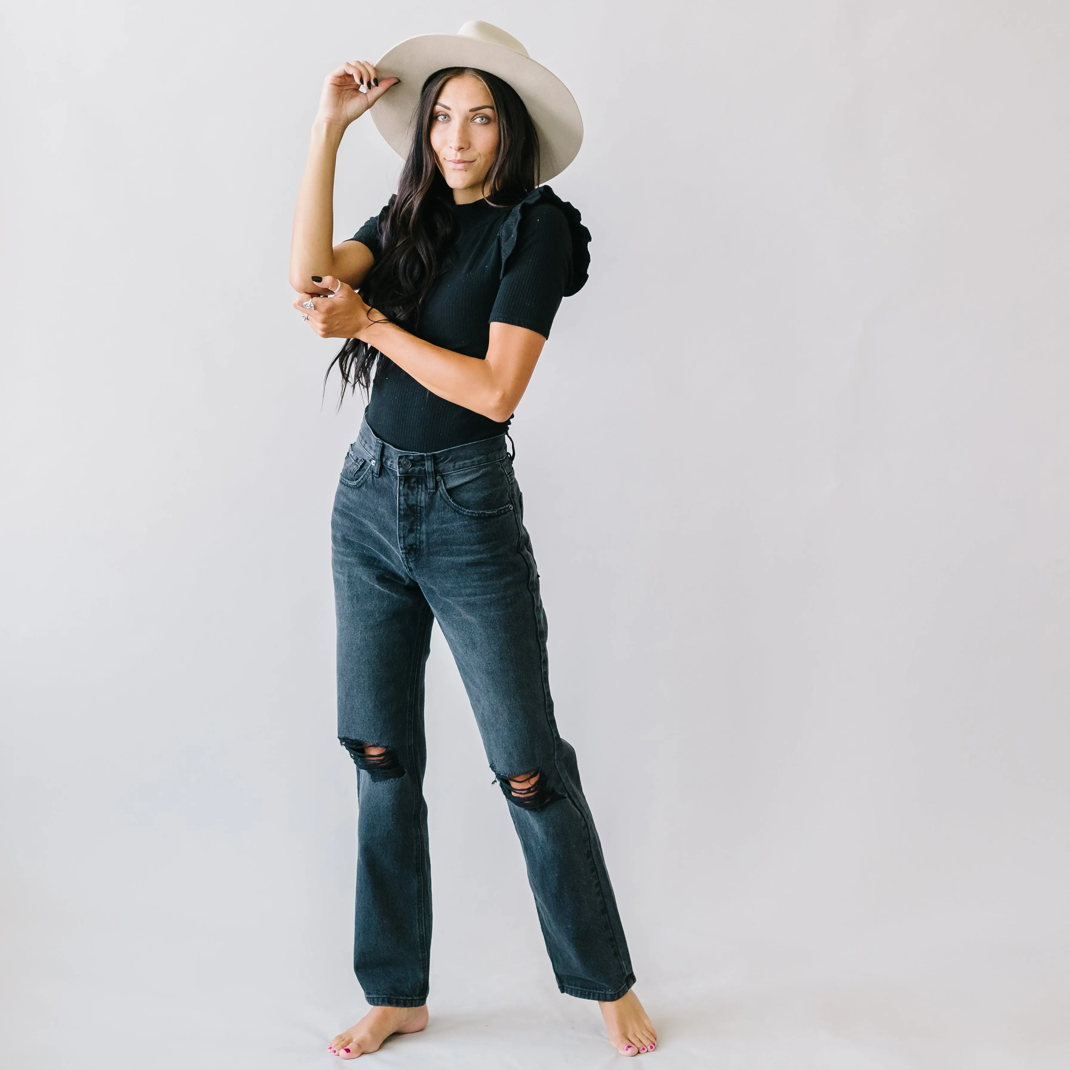 Cobain High Rise Boyfriend Jeans by KanCan in Black
