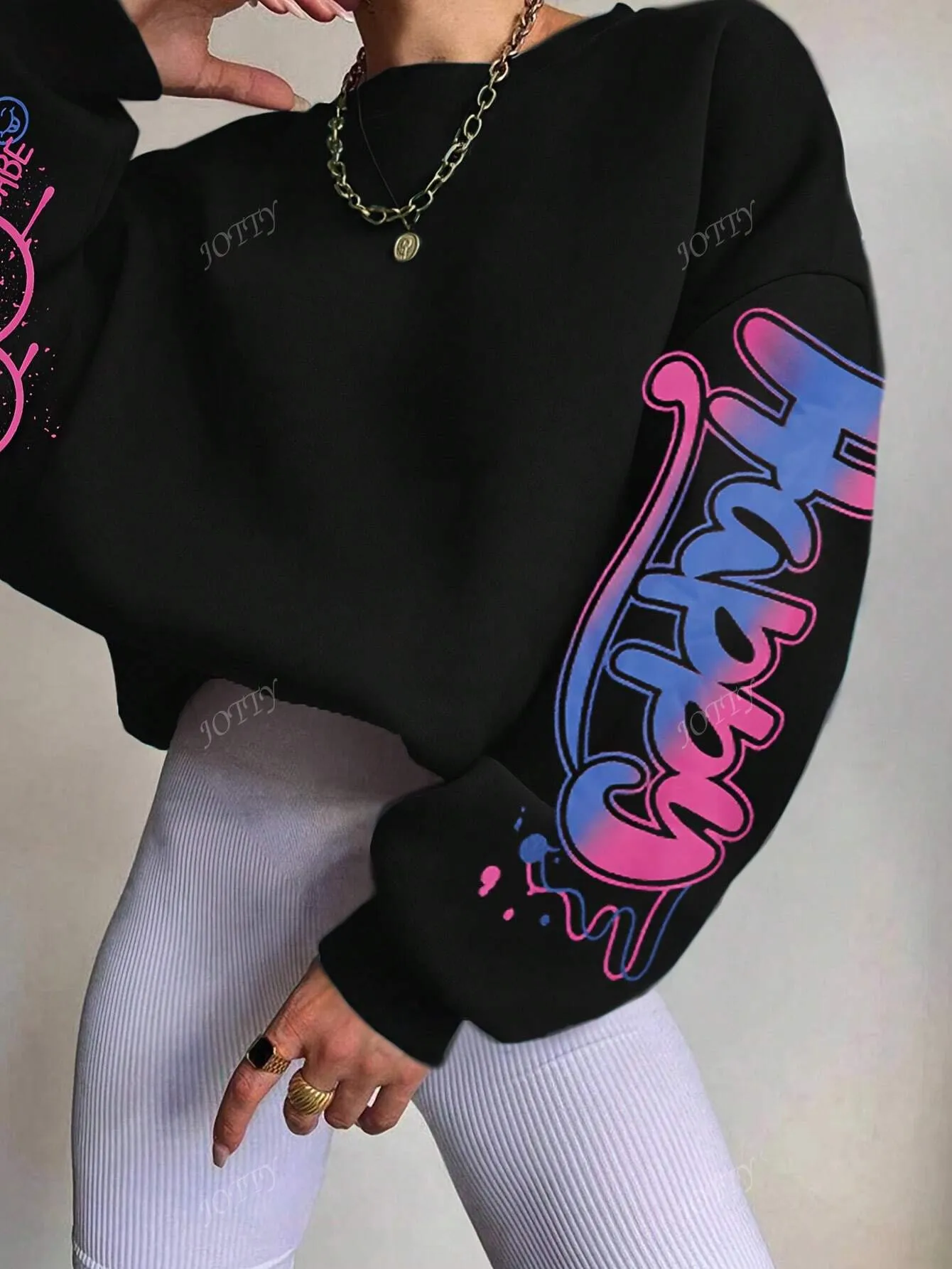 Colorful Abstract Art Letter & Print Women Long Sleeve Kangaroo Pocket Slouchy Hooded Sweatshirt