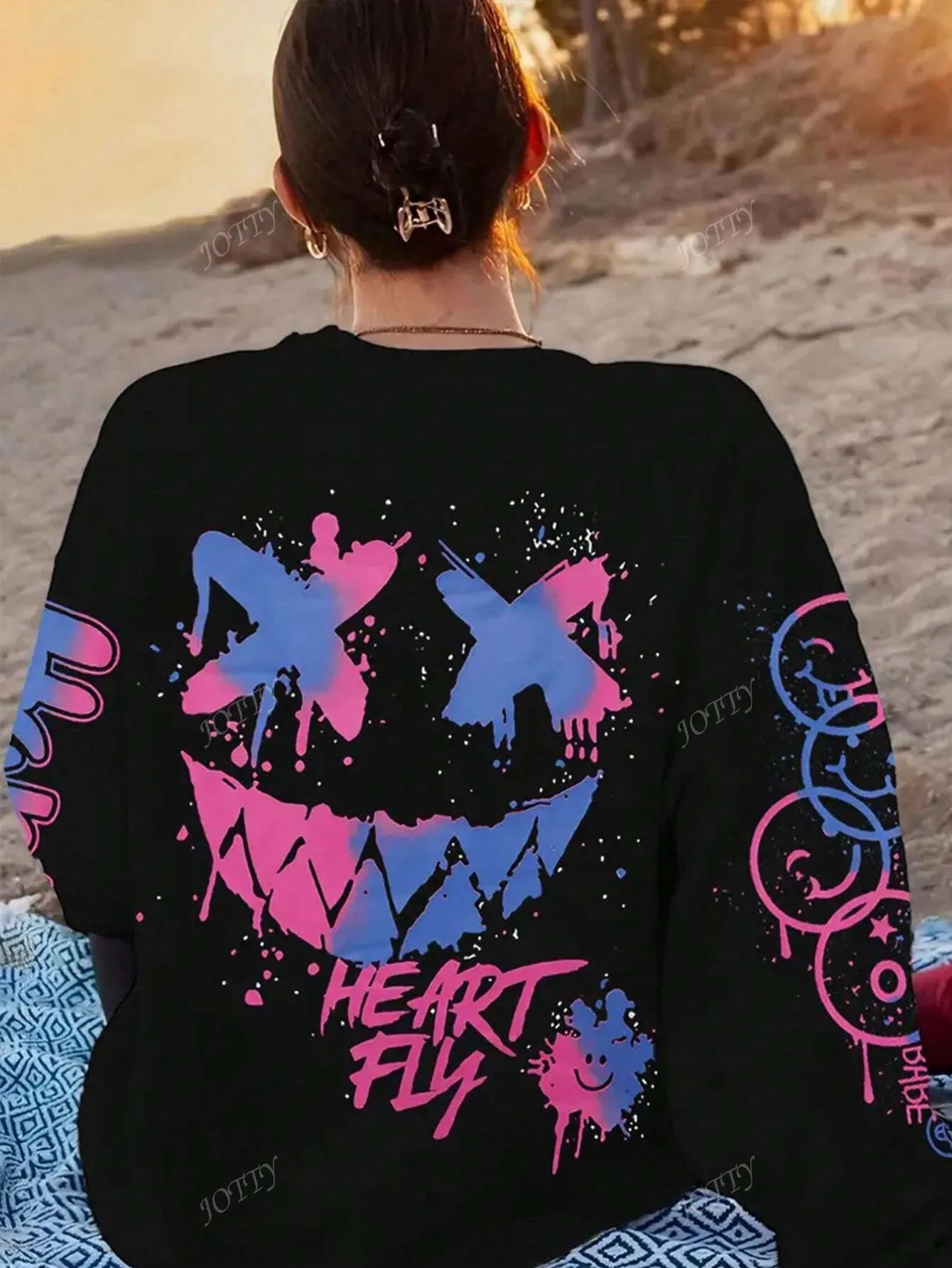 Colorful Abstract Art Letter & Print Women Long Sleeve Kangaroo Pocket Slouchy Hooded Sweatshirt