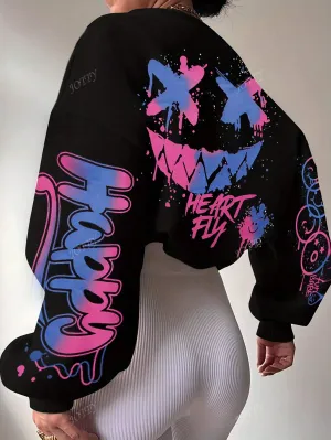 Colorful Abstract Art Letter & Print Women Long Sleeve Kangaroo Pocket Slouchy Hooded Sweatshirt