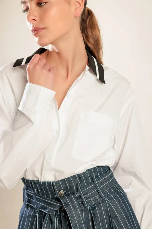 Contrast Collar Solid Woven Long Sleeve Top