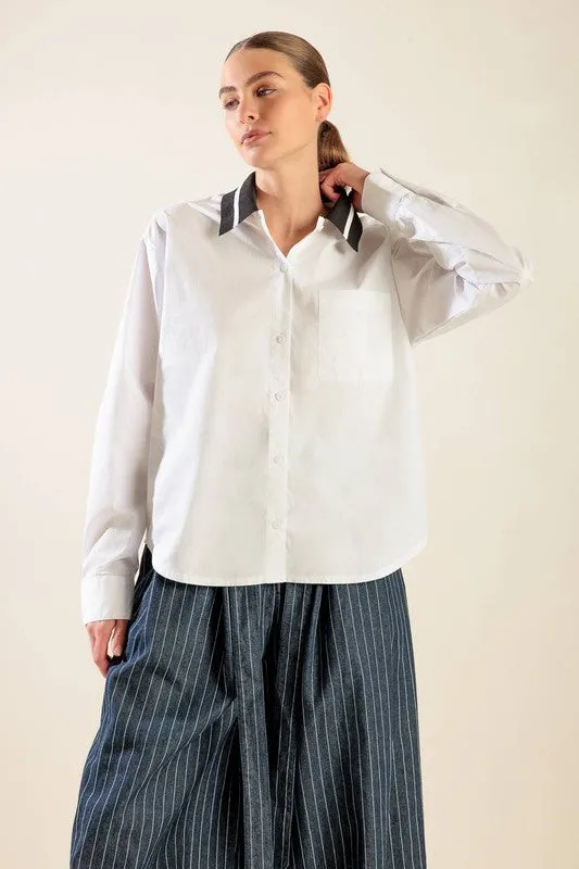 Contrast Collar Solid Woven Long Sleeve Top