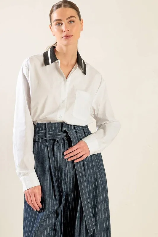 Contrast Collar Solid Woven Long Sleeve Top