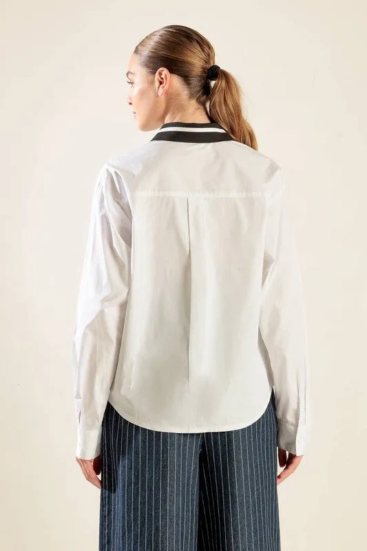 Contrast Collar Solid Woven Long Sleeve Top
