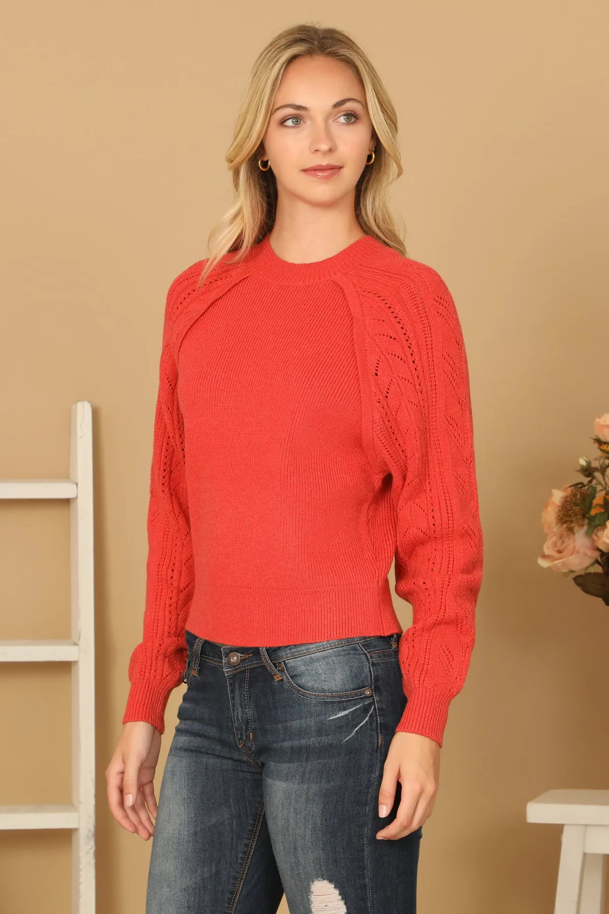 CONTRAST RAGLAN EYELET SLEEVES TOP
