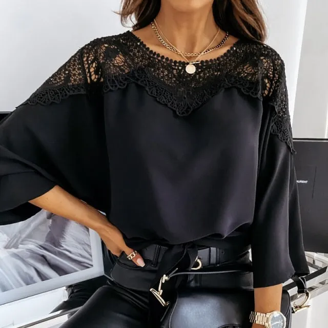 Crochet Embroidery Lace Blouses Lace Stitching White Shirts Vintage Ladies Tops