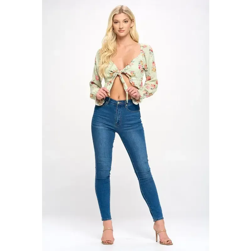 Crop blouse cardian top tie front long sleeve