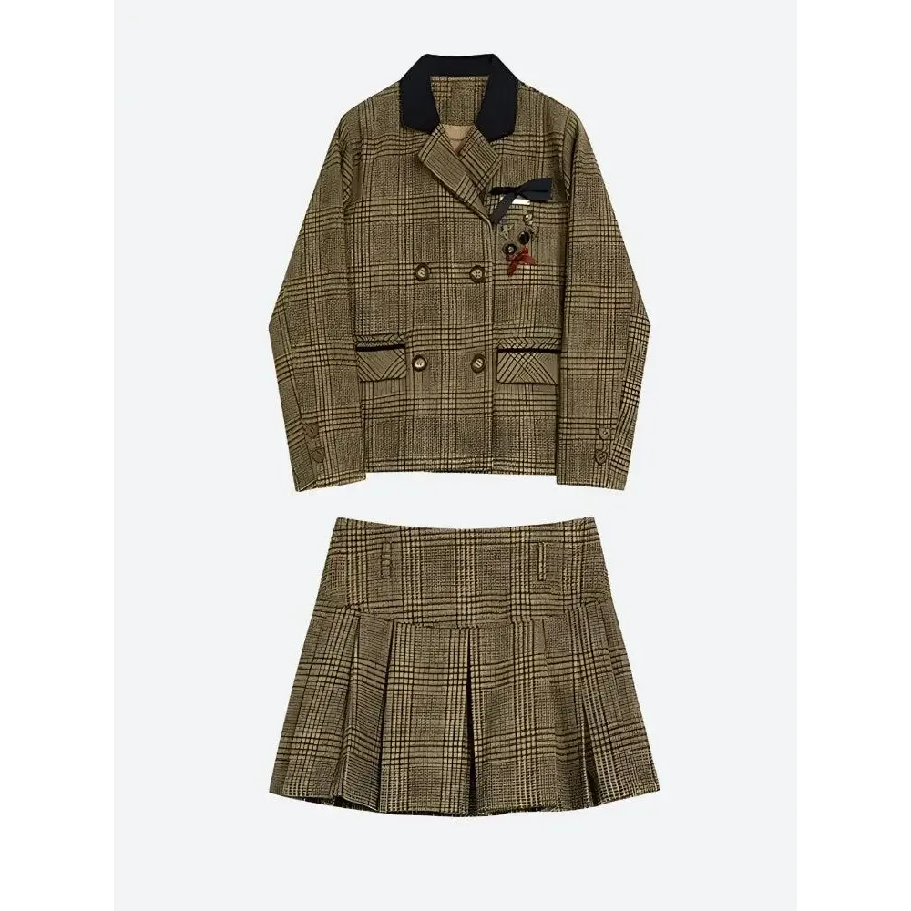 Dark Academia Plaid Two Piece Set with Jacket and Pleated Mini Skirt