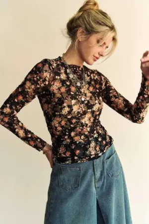 Davi & Dani Floral Print Mesh Long Sleeve Layering Top