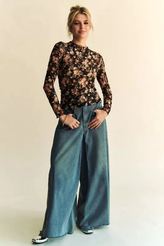 Davi & Dani Floral Print Mesh Long Sleeve Layering Top