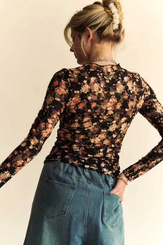 Davi & Dani Floral Print Mesh Long Sleeve Layering Top