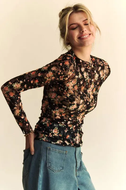 Davi & Dani Floral Print Mesh Long Sleeve Layering Top
