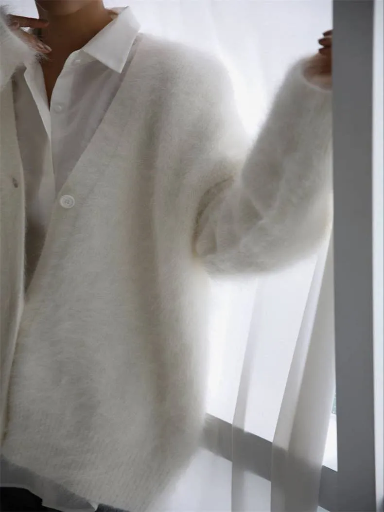 Demure Elegant Fluffy Button-down V-neck Cardigan