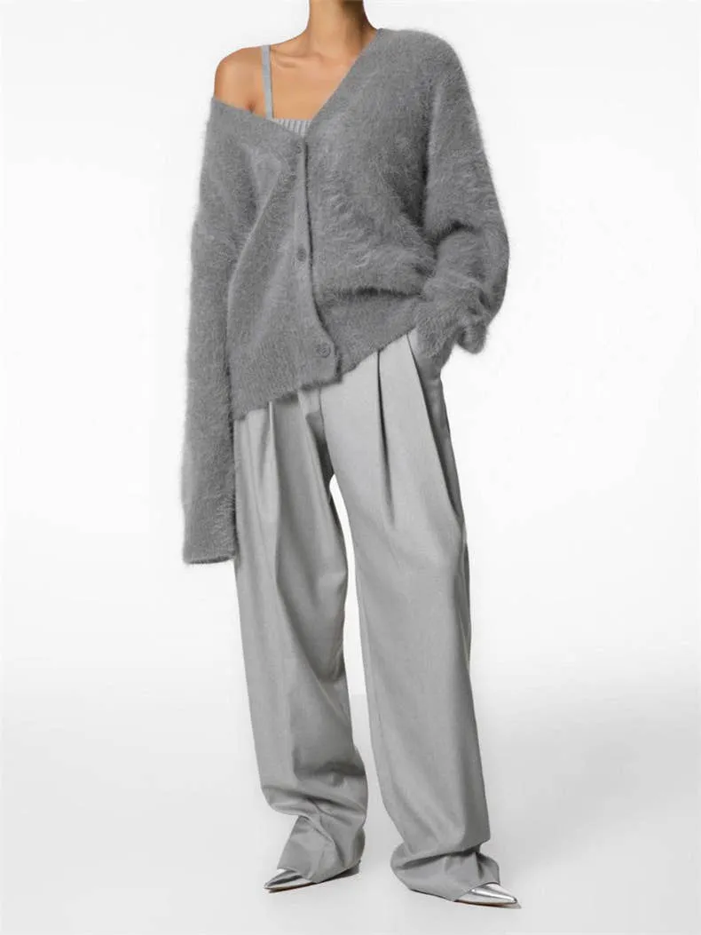Demure Elegant Fluffy Button-down V-neck Cardigan