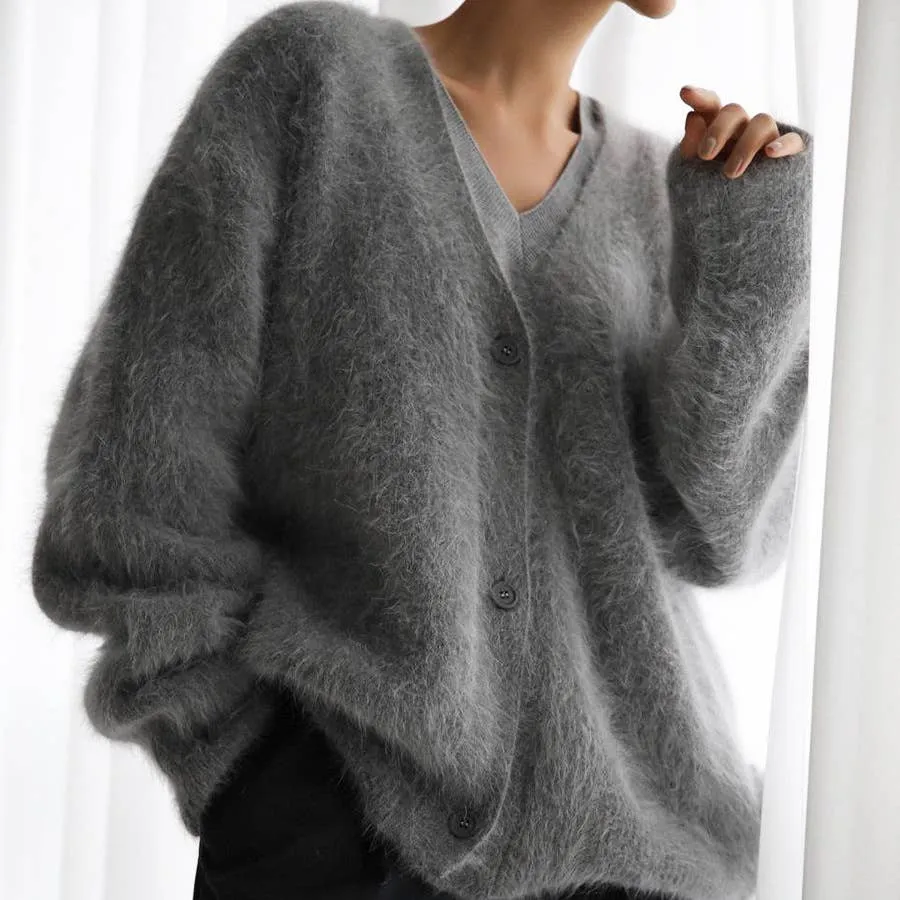 Demure Elegant Fluffy Button-down V-neck Cardigan