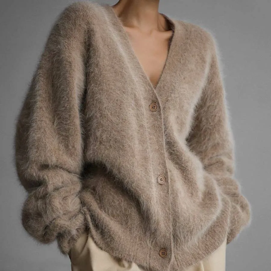 Demure Elegant Fluffy Button-down V-neck Cardigan