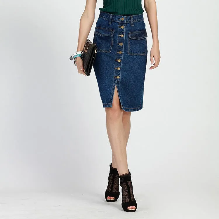 Denim Skirt Female Button Pencil Women Long Skirts Jeans Long Skirt