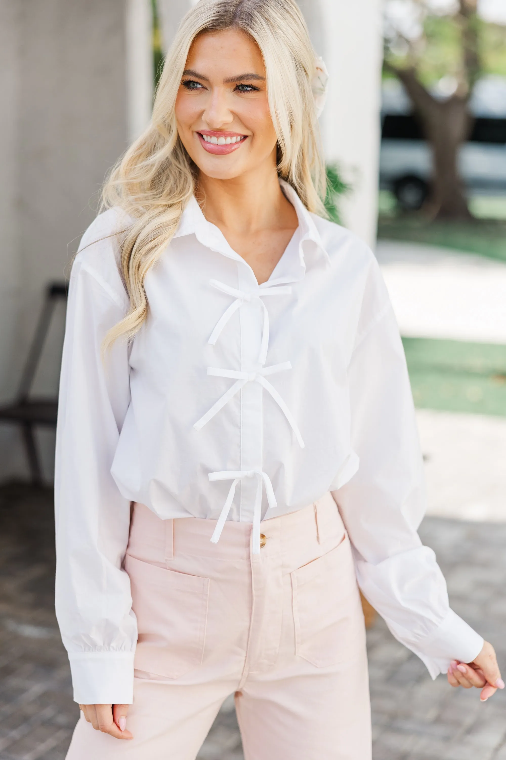 Dive In White Bow Detail Collared Shirt