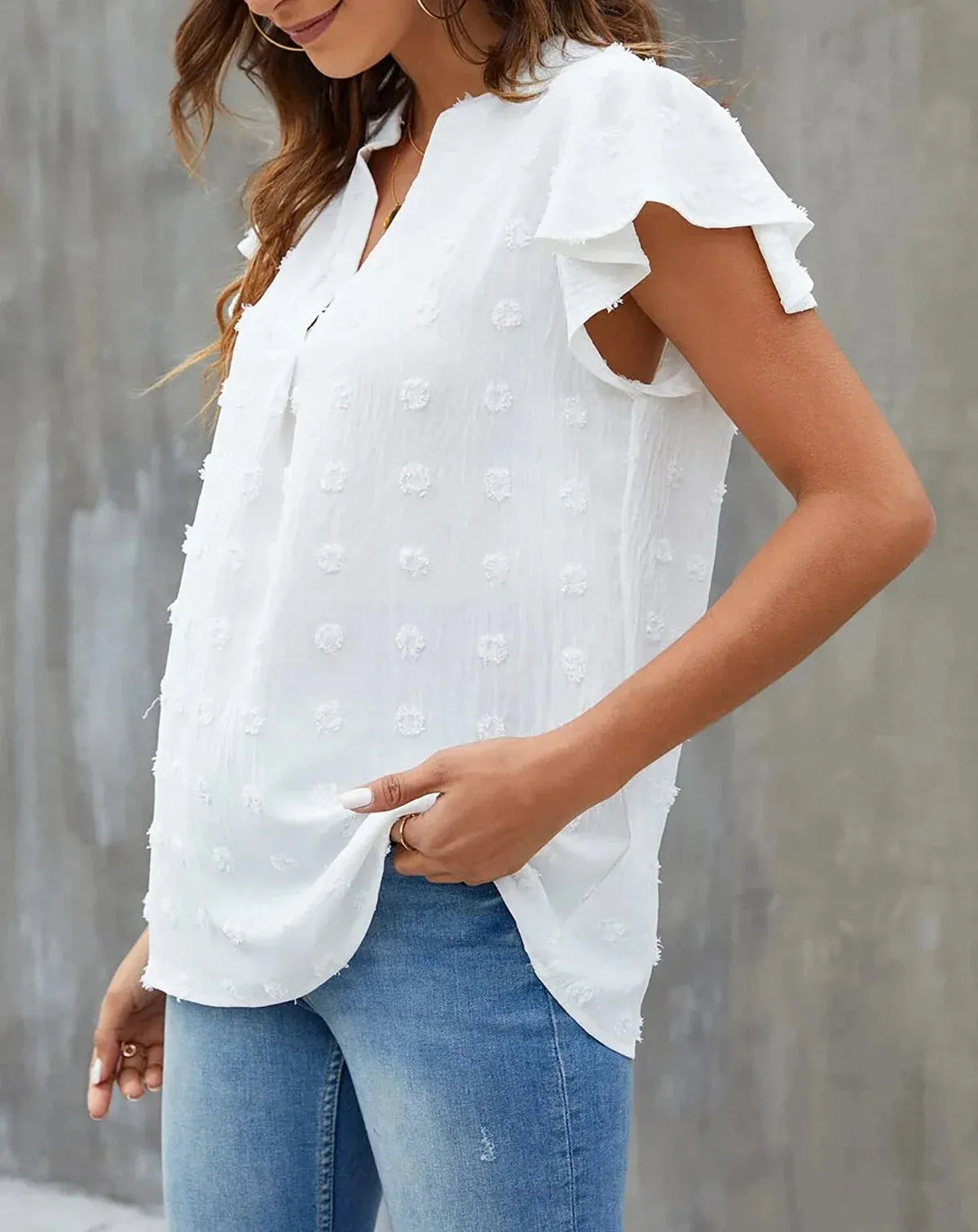 Dressy V Neck Ruffle Sleeve Top