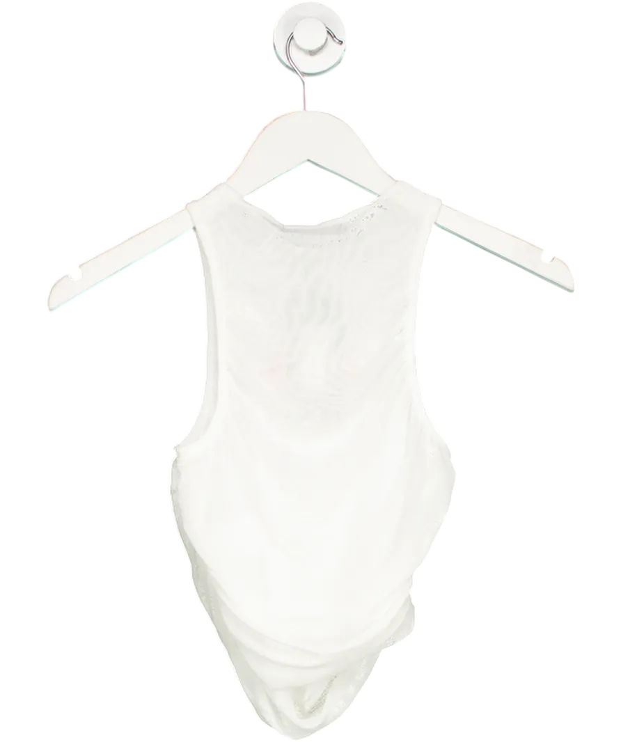 Ego White Ruched Hem Dipped Side Mesh Racer Crop Top UK 8