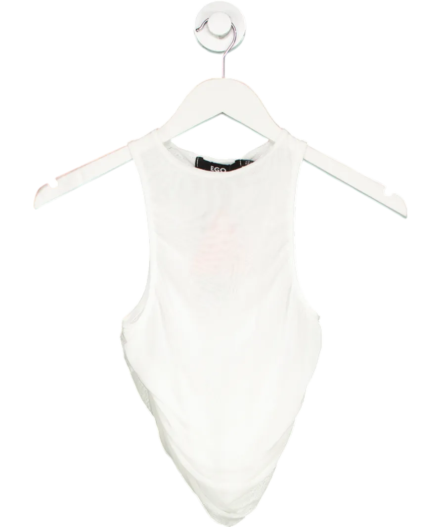Ego White Ruched Hem Dipped Side Mesh Racer Crop Top UK 8