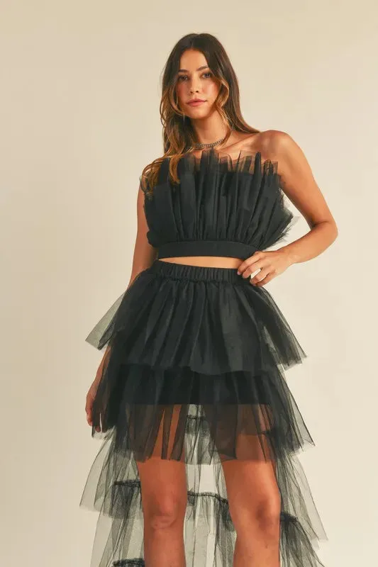 Elegant Tulle Ruffle Crop Top & High-Low Maxi Skirt Set