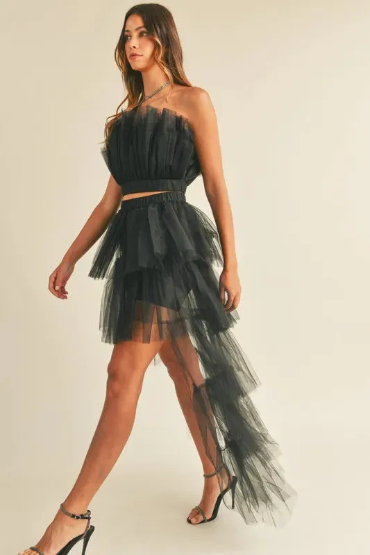 Elegant Tulle Ruffle Crop Top & High-Low Maxi Skirt Set