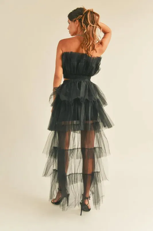 Elegant Tulle Ruffle Crop Top & High-Low Maxi Skirt Set
