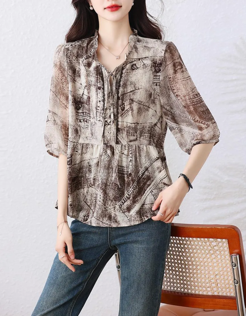 Elegant Women's Blouse with Ruffle Neckline and Loose-fit Design