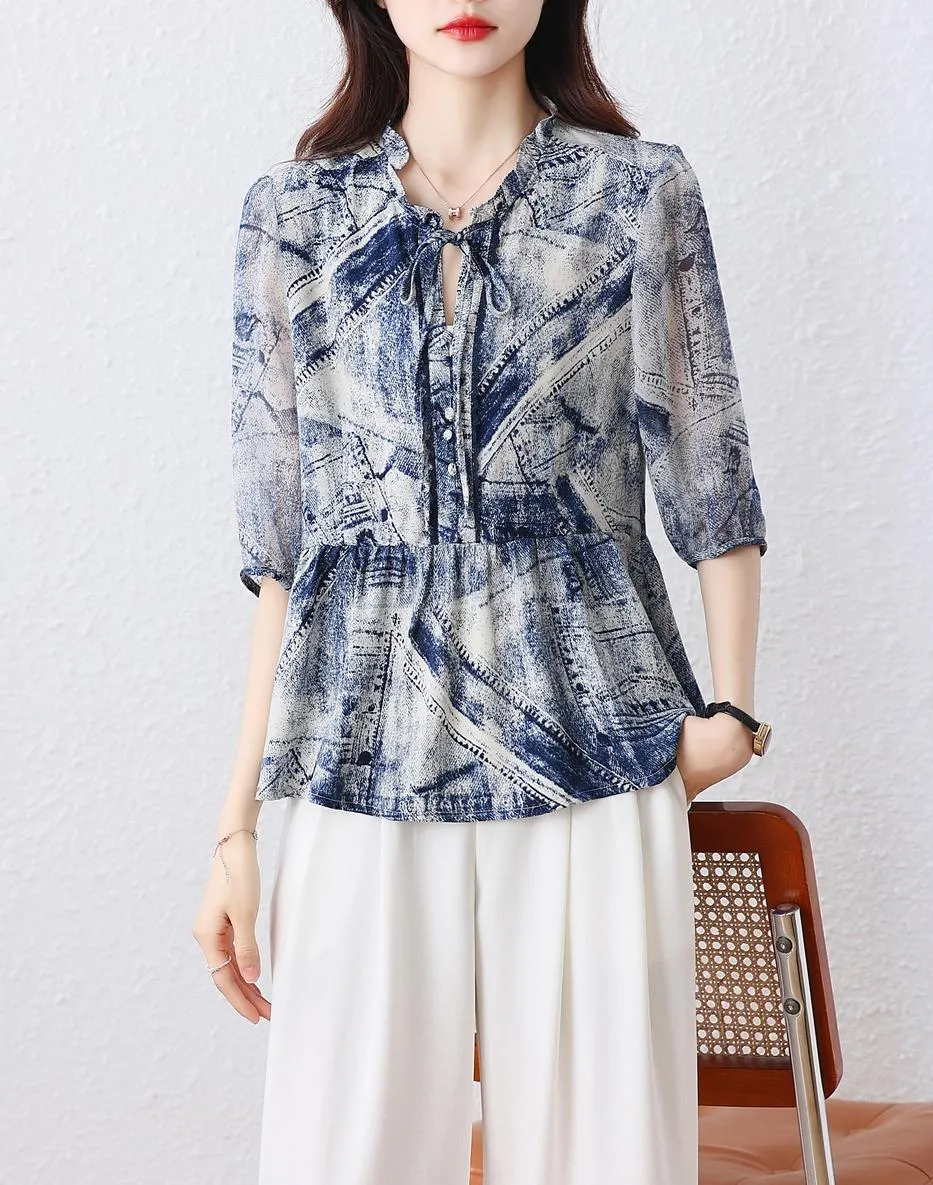 Elegant Women's Blouse with Ruffle Neckline and Loose-fit Design