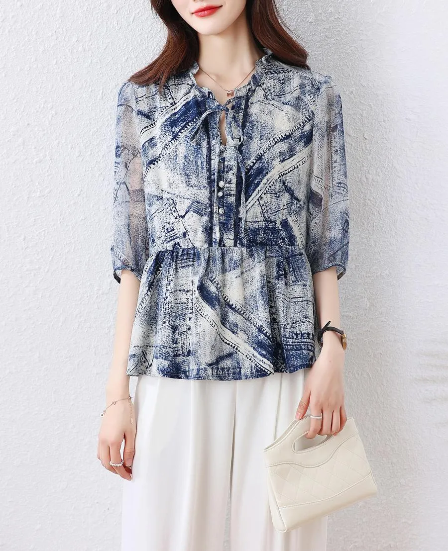 Elegant Women's Blouse with Ruffle Neckline and Loose-fit Design