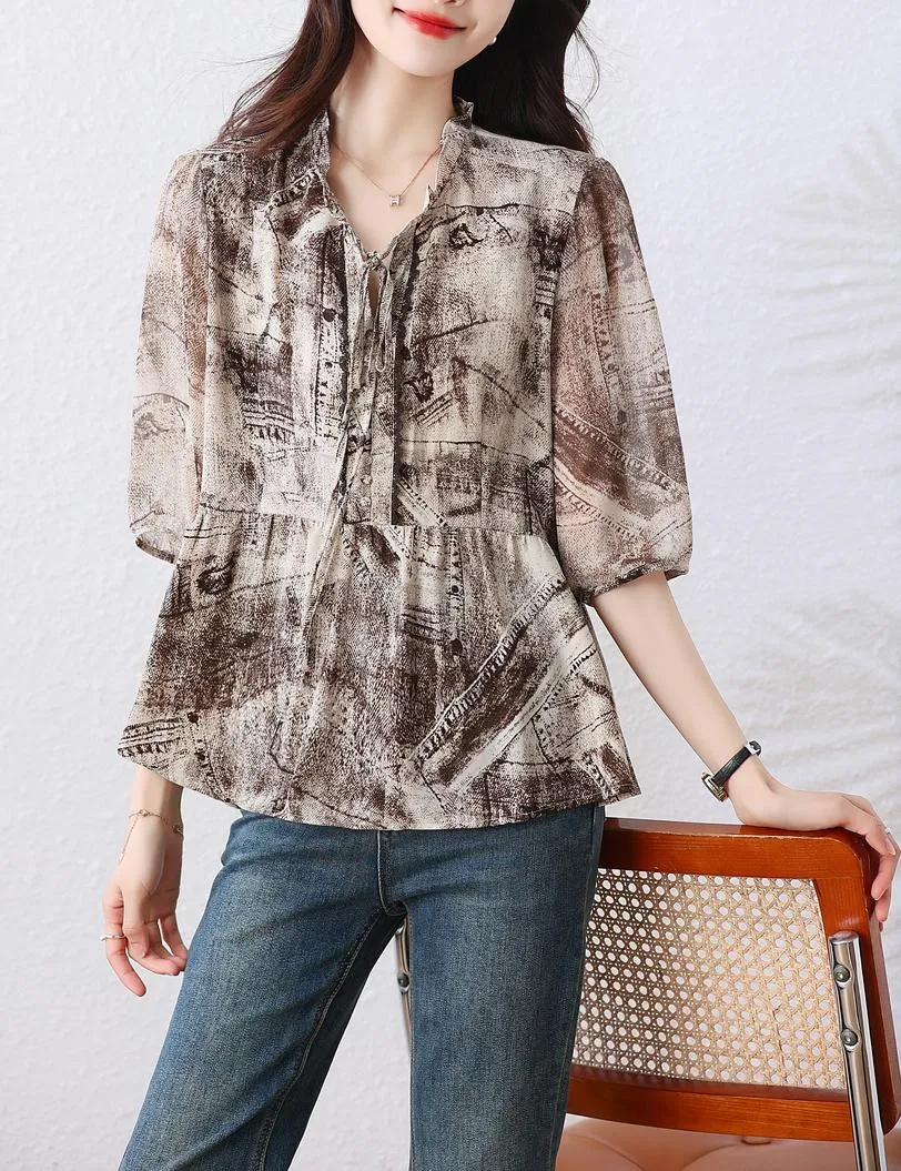 Elegant Women's Blouse with Ruffle Neckline and Loose-fit Design