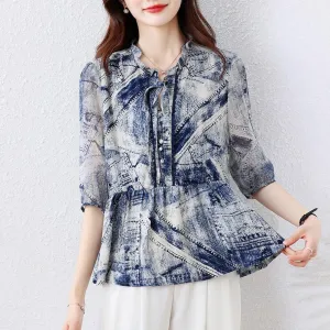Elegant Women's Blouse with Ruffle Neckline and Loose-fit Design