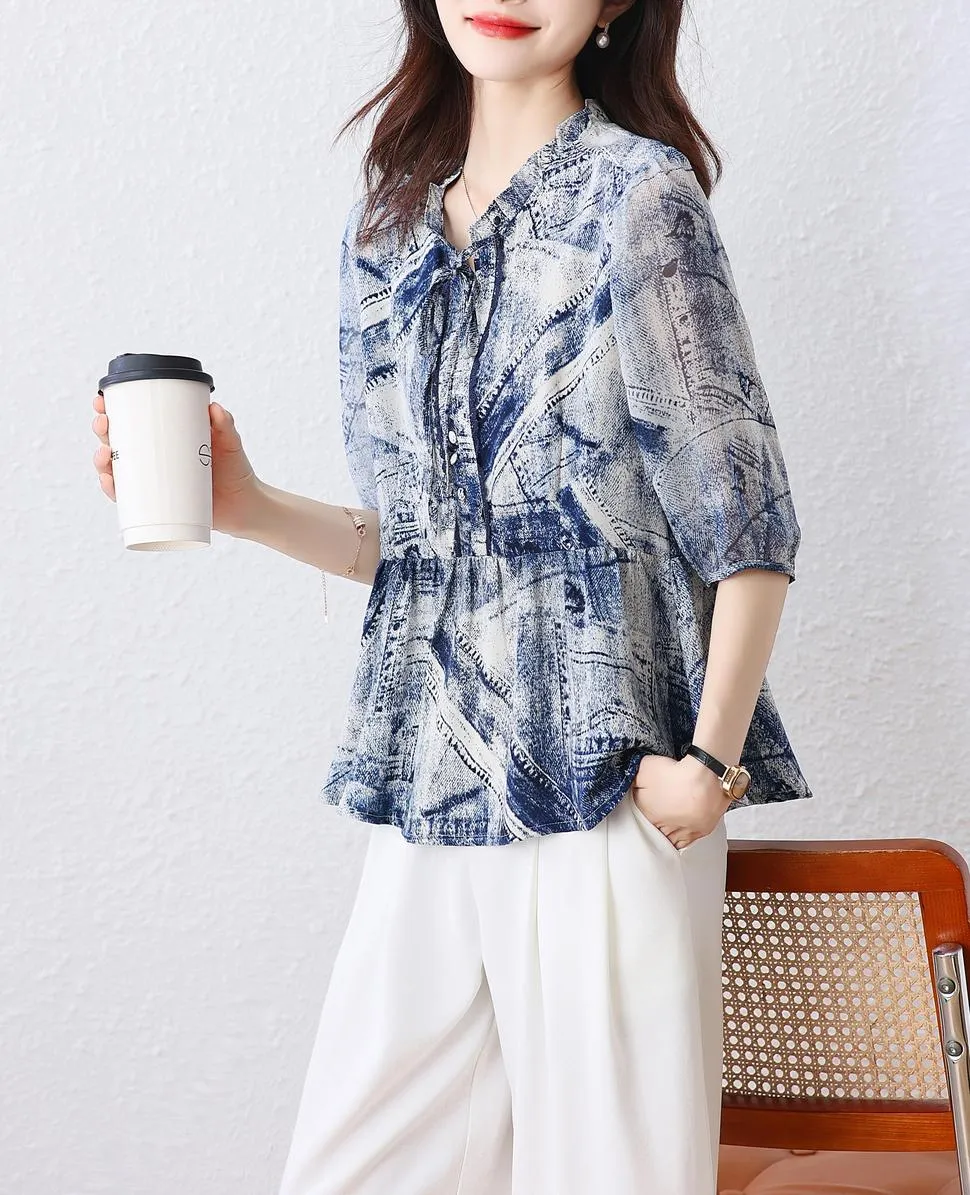 Elegant Women's Blouse with Ruffle Neckline and Loose-fit Design